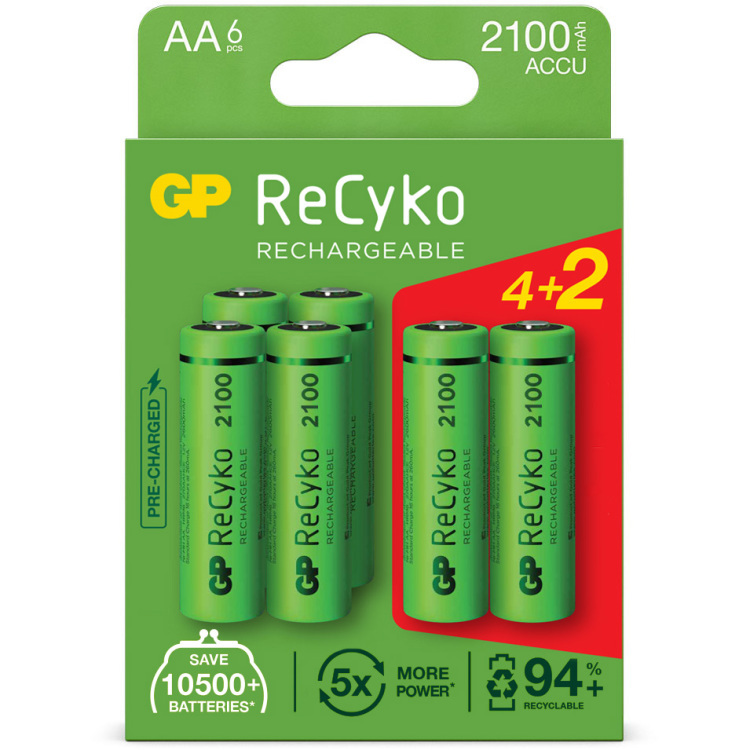 GP Batteries Rechareable Recyko 210AAHC NiMH AA batterijen 6 stuks, 1.2V, 2100 mAh