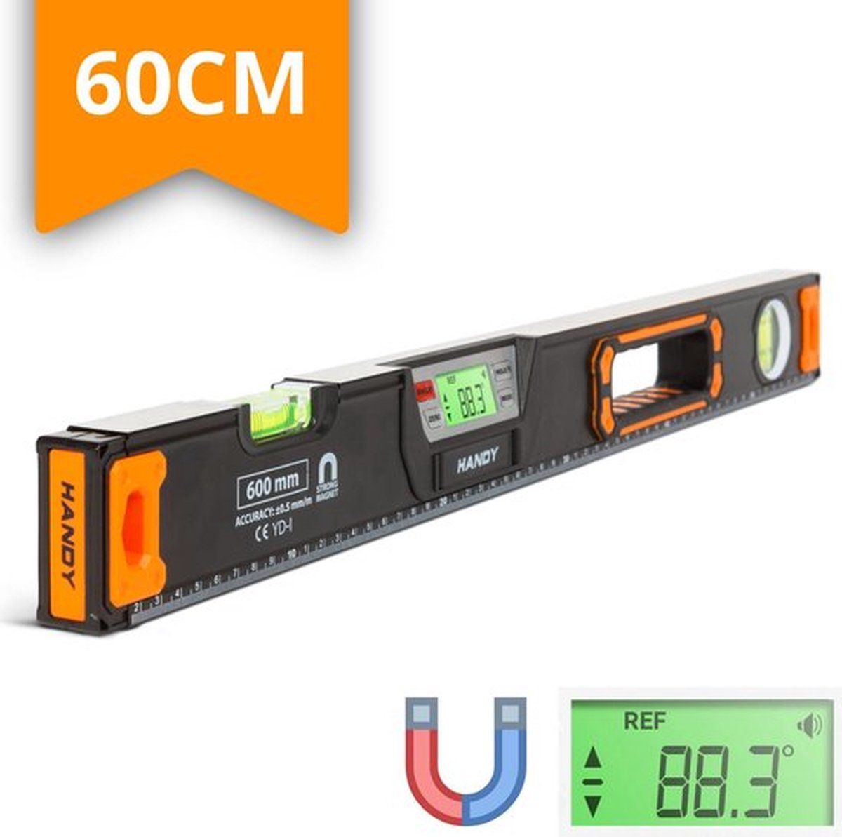 Handy - Digitale Waterpas met Magneet en Geluidsignaal - 60CM - LCD Scherm - Tolerantie 0,5mm/M - Zwart