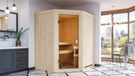 Woodfeeling Sauna Faurin (Eckeinstieg), porte entièrement vitrée, couleur bronze, poêle de 9 kW avec commande externe simple