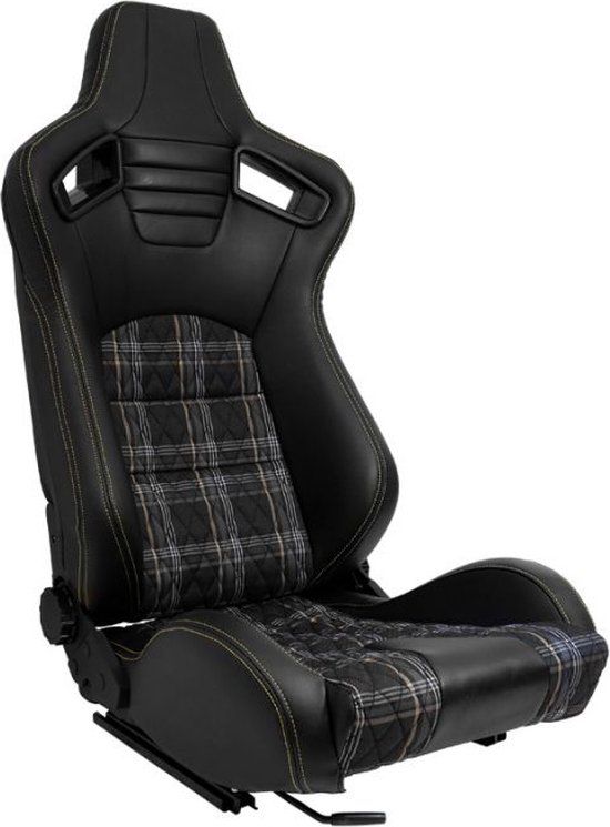 Sportstoel 'GT' - Zwart Kunstleder + Geel ruitmotief + Gele stiksels