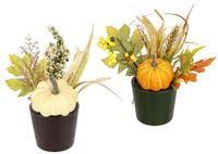 Arrangement met kunstpompoen, bessen, herfstbladeren in pot, set van 2, 18 cm kunstbloemen, decoratieve bloemen, herfstdecoratie, herfstbloem, bloemstuk, tafeldecoratie, kunstplant
