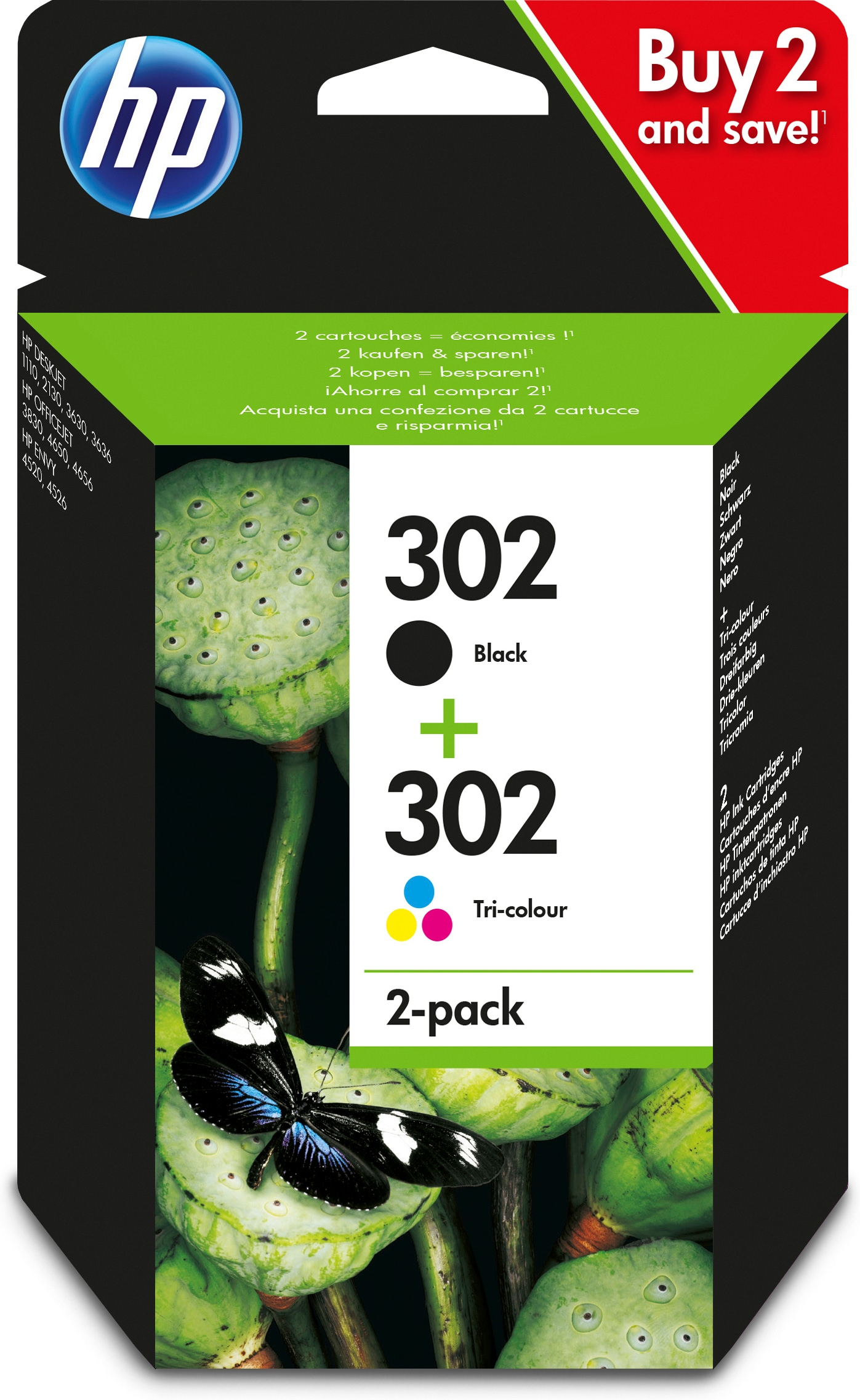 HP   302 originele zwarte/drie-kleuren inktcartridges, 2-pack