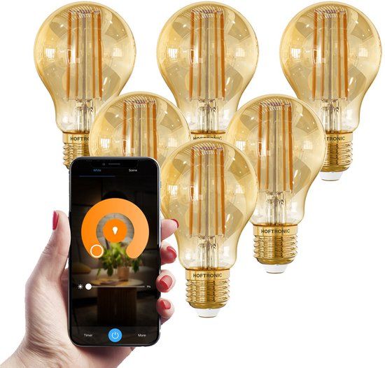 HOFTRONIC - Set van 3 Smart Gloeilampen - 7 Watt 806 Lumen - Kooldraadlampen - A60 Peer Amberkleurig - 1800-3000K - Dimbaar - E27 Filament - Bedienbaar via Google Home & Amazon Alexa