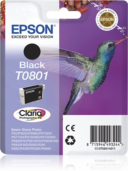 Epson Hummingbird Singlepack Black T0801 Claria Photographic Ink single pack / zwart