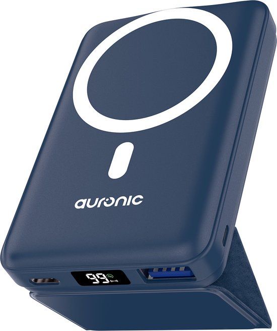 Auronic Powerbank 10.000 mAh - Snellader - Draadloos Opladen - Blauw