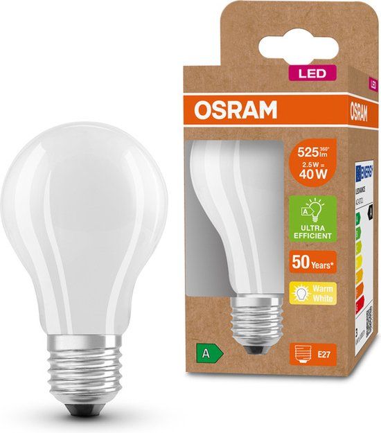 OSRAM LED E27 Lamp - 2.5W (Replaces 40W) - Warm White (3000K) - Dimmable - Matte