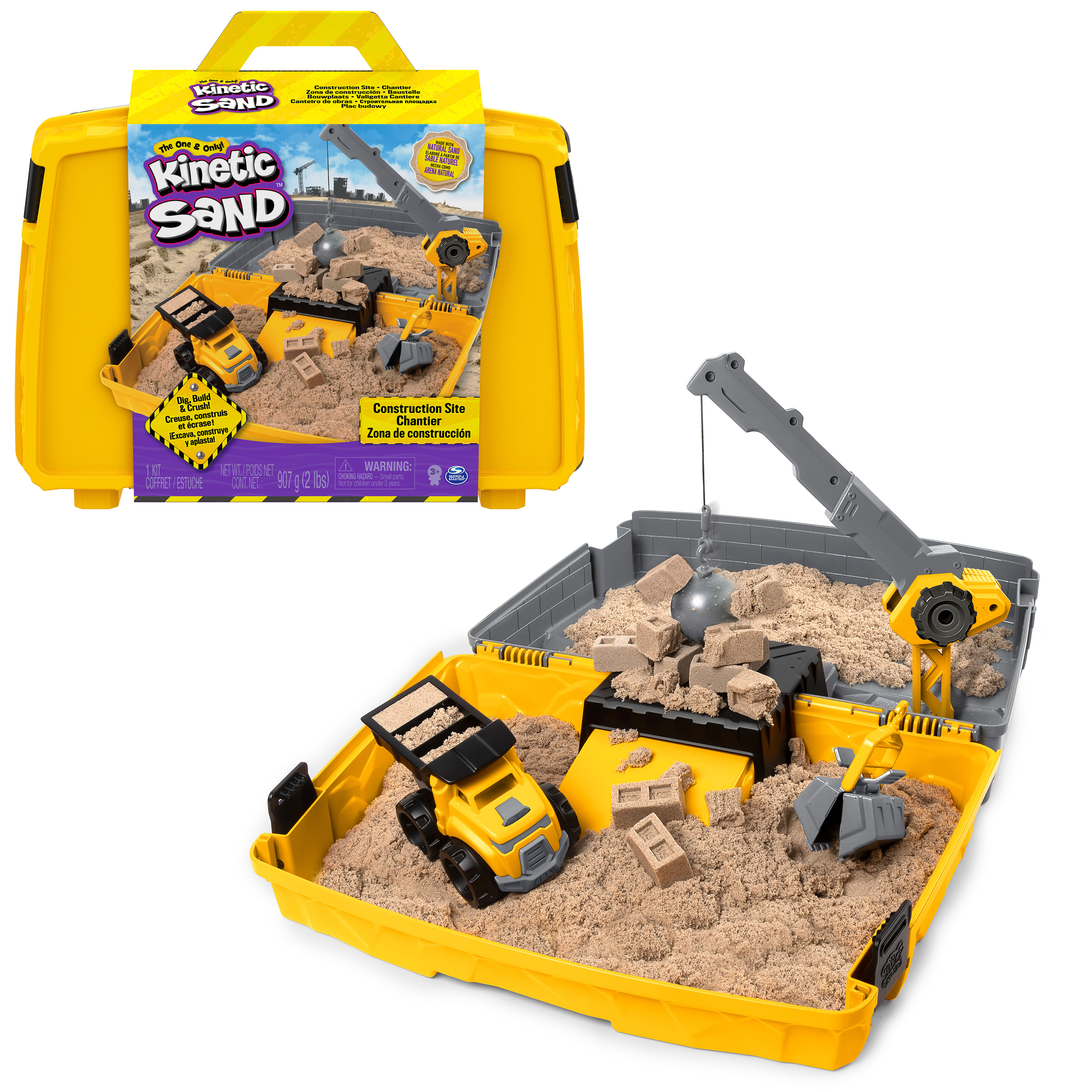 Spin Master Kinetic Sand - Bouwplaats-speelset met kiepwagen kraan met sloopkogel emmer en 907 g natuurlijke speelzand