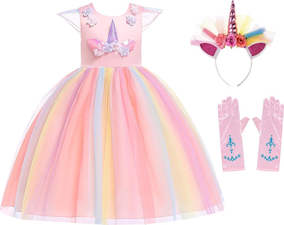 Het Betere Merk Unicorn Jurk | Eenhoorn Jurk | Prinsessenjurk Meisje | maat 116/122(130) |Verkleedkleren Meisje |Prinsessen Verkleedkleding | Carnavalskleding Kinderen | Haarband |Handschoenen|Roze