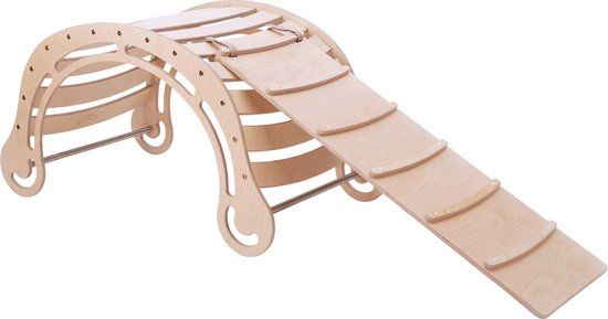 KateHaa Houten XXL Klimboog Rocker met Klimwand Naturel - Klimrek - Houten Montessori Speelgoed