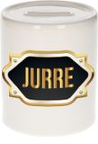 Bellatio Decorations Shoppartners Bv Spaarpot met voornaam Jurre - wit - met goud/zwart embleem - 8 x 9 cm - keramiek - met afsluitdop - cadeau verjaardag