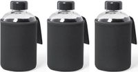 Merkloos / Sans marque Makito Western Europe Glazen waterfles/drinkfles softshell bescherm hoes - 3x - zwart - 600 ml - Sportfles - Bidon - BPA vrij
