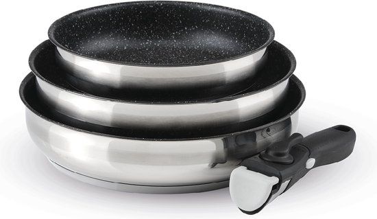 QDesign Q Design - Inductiekookgerei, 4-delig, set met 3 pannen, antiaanbaklaag, 20, 24 en 26 cm, met afneembare handgreep, roestvrij staal, geschikt voor alle warmtebronnen, zonder PFOA, zilver/zwart