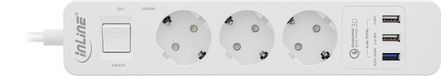 Multiprise InLine - 3 prises de terre - Protection contre les surtensions et USB QuickCharge - Interrupteur - 1,5 m - Blanc