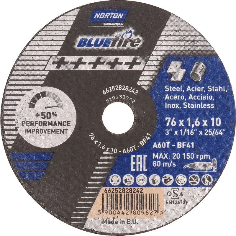 Norton Blue Fire doorslijpschijf staal/inox 76x1,6x10mm