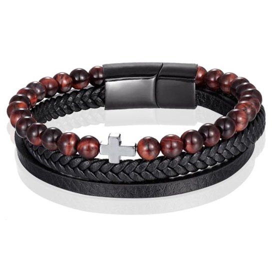 Memphis Heren armband Memphis Tijgeroog kraal gevlochten leer Kruis Zwart Bruin - 21cm