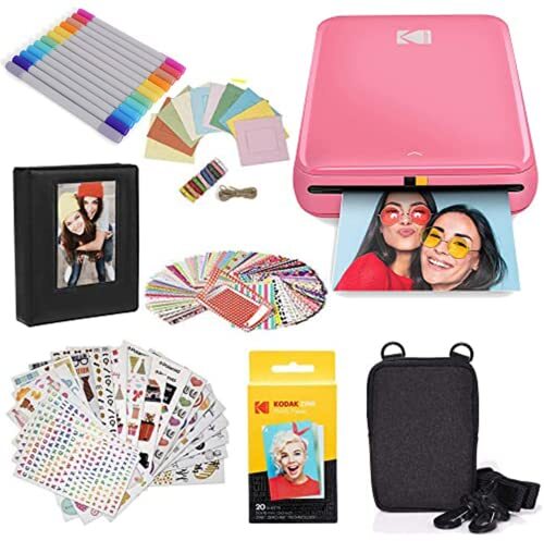Kodak Step Instant Photo Printer met Bluetooth/NFC, 5,1 x 7,6 cm ZINK-fotopapier (Roze) Bundel: Etui, 20 Pack Zink-papier, Album, Stickers, Markers