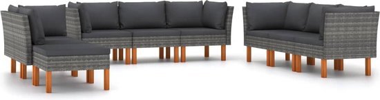 vidaXL 9-delige loungeset met kussens poly rattan grijs