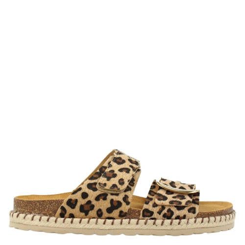 Red Rag leren slippers met panterprint beige/zwart