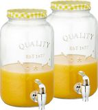 CEPEWA Set van 2x stuks glazen drankdispensers/limonadetap met geel/wit geblokte dop 3,5 liter - Tapkraantje