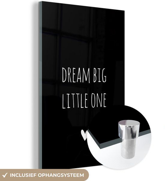 MuchoWow® Glass Painting 20x30 cm - Acrylic Glass Painting - English Quote "Dream big little one" with a heart on a black background - Photo on glass - Paintings