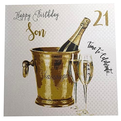 Handmade 21st Birthday Card - Son - White Cotton - Champagne Bucket - Glittered 21
