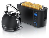 Arendo Breakfast Set acier inoxydable, bouilloire avec réglage de la température 1,7l, grille-pain 4 disques à fentes longues, grille-pain 4 disques, support à petits pains, Vintage, noir