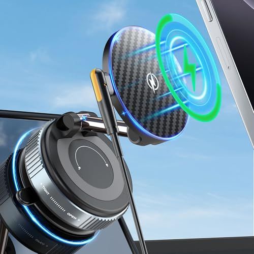 PlusAcc PlusAcc Vacuüm mobiele telefoonhouder voor in de auto met oplaadfunctie - 360° draaibare magnetische opvouwbare zuignap voor Magsafe iPhone 17/16/15/14/13/Samsung S20-S25 op voorruit