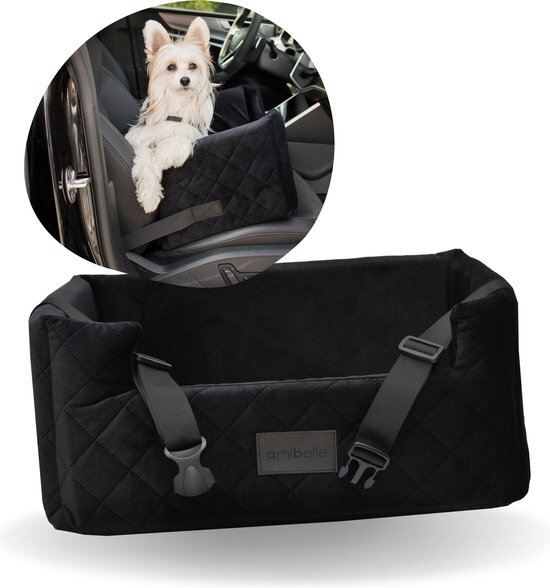 Amibelle Velvet Black - Autostoel voor hond - 57x50cm - Wasbaar - Hondenmand Auto - Handgemaakt