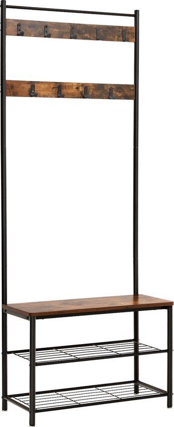 Merkloos VASAGLE Garderoberek met Kapstok - Schoenenrek - Industrieel - Rustiek Bruin - 70 x 32 x 175 cm