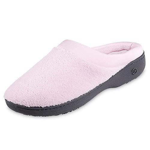isotoner Women's Terry and Satin Slip-On Padded Slipper with Memory Foam for Indoor/Outdoor Comfort