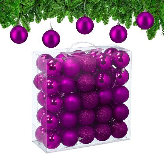 Relaxdays kerstballen set van 50 - Ø 6 cm - kunststof - onbreekbaar - paars