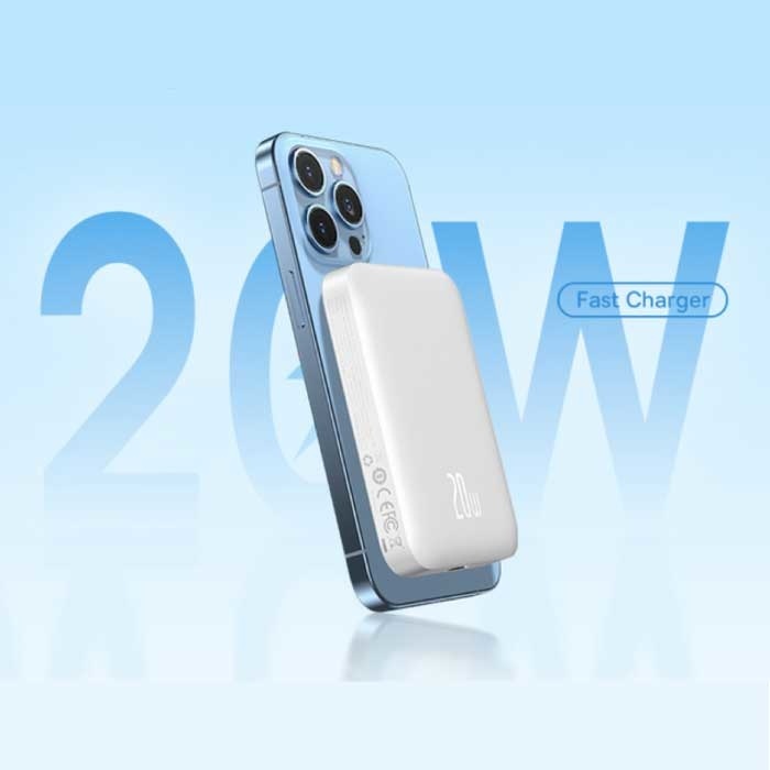 BASEUS 10 000mAh Mini Magnetische Qi Powerbank voor Mobiele Telefoons - 20W PD Oplader Draadloos Batterij Accu Wit