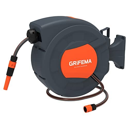 GRIFEMA G301-15 Automatische tuinslangrol, 15 m wandslanghaspel met 180 graden rotatie, automatische opwikkeling, met verstelbaar mondstuk