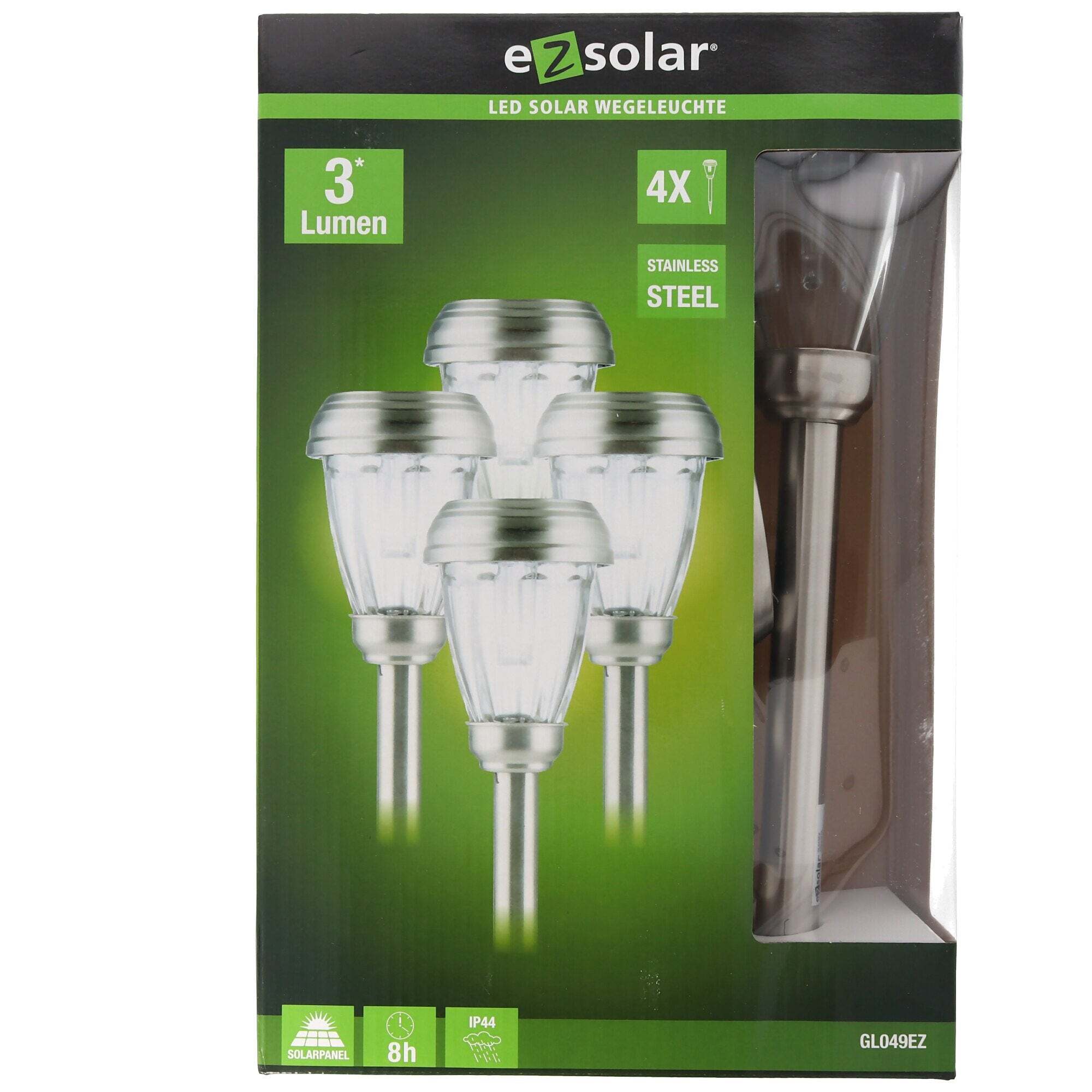 ez solar Set van 4 LED-tuinpadlampen op zonne-energie met maximaal 3 lumen, roestvrij staal, met standaard Ni