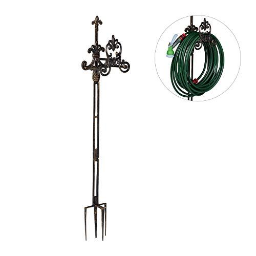 Relaxdays Slanghouder gietijzer, slangstandaard met grondpennen, tuinslanghouder HBT 133 x 24 x 17 cm, zwart-goud