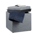 Relaxdays Poef met Opbergruimte, Linnen Look, Hocker met Dienblad, Voetenbank, Antraciet