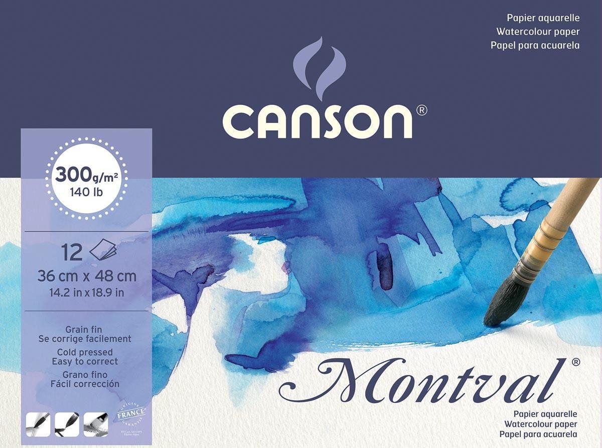 Montal Montval Aquarelpapier - Wit - Fijne Korrel - 300 g/m² - 36 x 48 cm - Blok met 12 vellen