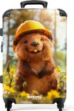NoBoringSuitcases.com® Kinderkoffer groot - Kindertrolley koffer - Lachende bever met bouwhelm in de natuur - Rolkoffer lichtgewicht - Reiskoffer met 4 wielen - Grote trolley XL