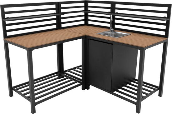 MonsterShop 3-delige Modulaire Buitenkeuken Set met Spoelbak - Aluminium & Hout Grijs