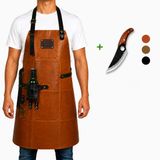 STORX Leren BBQ Schort + Handgemaakt Koksmes – Lichtbruin Echt Leer – 2 Jaar Garantie – Grillset met Carbon Slagersmes (27,6 cm) & Luxe Kookschort (81 x 56 cm) – Stoer Cadeau voor Mannen