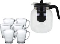 Merkloos Glazen theepot met filter/infuser van 1,5 liter met 6x stuks theeglazen van 350 ml