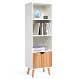 Meerveil Boekenkast, boekenkast met 1 lade en 3 open ruimtes van hout, Scandinavische stijl, voor woonkamer, slaapkamer, werkkamer, 40 x 30 x 129 cm, wit en eiken