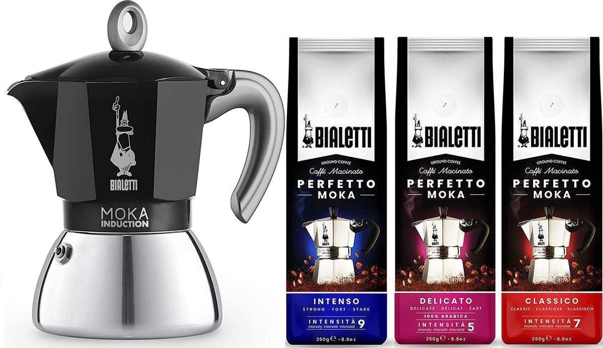 Bialetti Moka Inductie Zwart - 2-kops - 100ml + Koffie Proefpakket 3 x 250gr