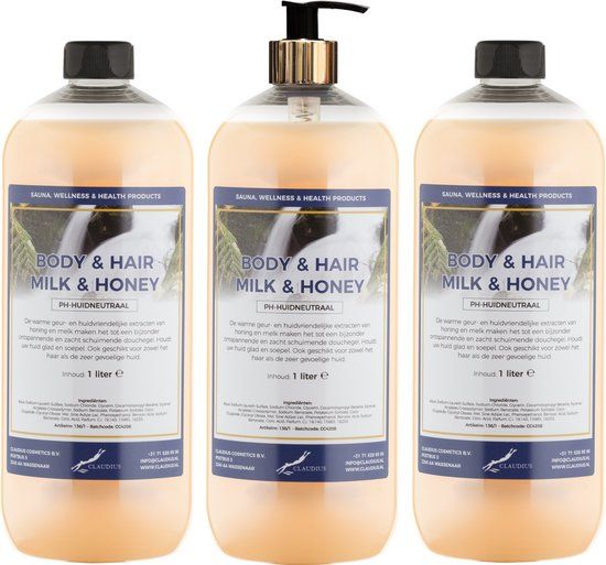 Claudius Cosmetics B.V. Body & Hair Milk & Honey 1 liter met gouden pomp - set van 3 stuks