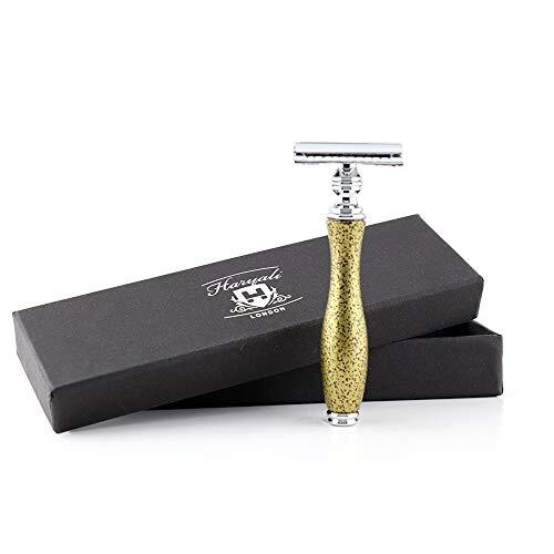 Haryali London Double Edge Safety Razor met gouden handgemaakte antieke handvat baard en snor perfect schoon scheren scheerscheermes voor mannen