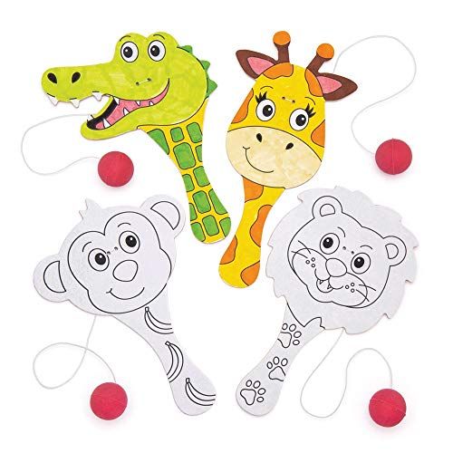 Baker Ross AW485 Mini Colour in Jungle Animal Paddle, elastische vleermuis en bal voor kinderen om te personaliseren, versieren en spelen met voor kunst en ambachten (Pack van 5), wit