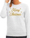 Bellatio Decorations Foute Kersttrui - sweater - Merry Christmas - gouden glitters tekst - grijs - dames - kerstkleding L