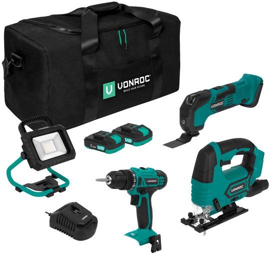 VONROC Gereedschapsset VPower 20V – Accuboormachine, Decoupeerzaag, Oscillerende Multitool, LED-Werkverlichting, 2x 2.0Ah accu en Snellader