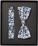 Venti Set met vlinderdas en pochet - Blauw - Wit - Beige - Donkerblauw dessin