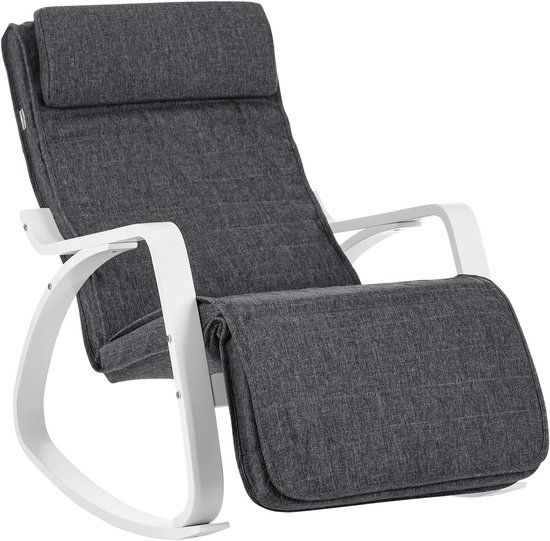 Songmics berken schommelstoel, relax-fauteuil, voetsteun in 5 standen verstelbaar, bekleding van imitatielinnen, belastbaar tot 150 kg, woonkamer en slaapkamer, donkergrijs